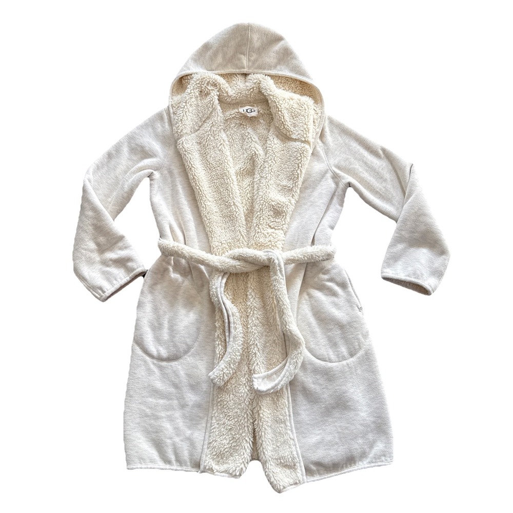 UGG Robe Women Medium Hooded Ivory Sherpa Lined Belted Bathrobe